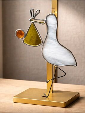 Vintage 70's Handmade Dove Stained Glass Stork Window Sun Catcher